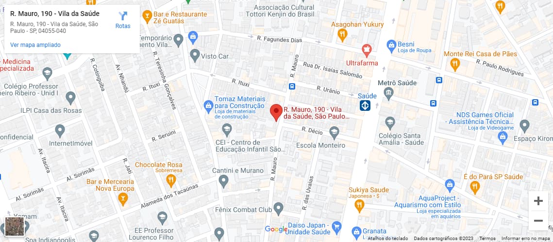 Localização do Mirad no Google Maps mostrando que fica a 200m do metrô Saúde e da Av. Jabaquara, completo em comércio e serviços. Perto de tudo e bem no começo da Rua Mauro, na melhor localização.