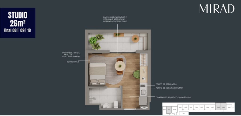 Planta de apartamento tipo studio de 26m² com uma boa varanda no Mirad. Ideal para quem quer praticidade na vida e mobilidade do metrô