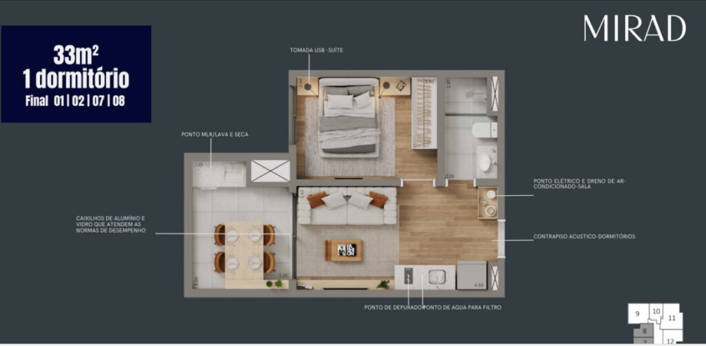 Planta de apartamento de um dormitório com varanda de 33m² no Mirad. Excelente planta com ambientes amplos e confortáveis para quem quer praticidade, mas não abre mão do conforto de ambientes bem distribuídos