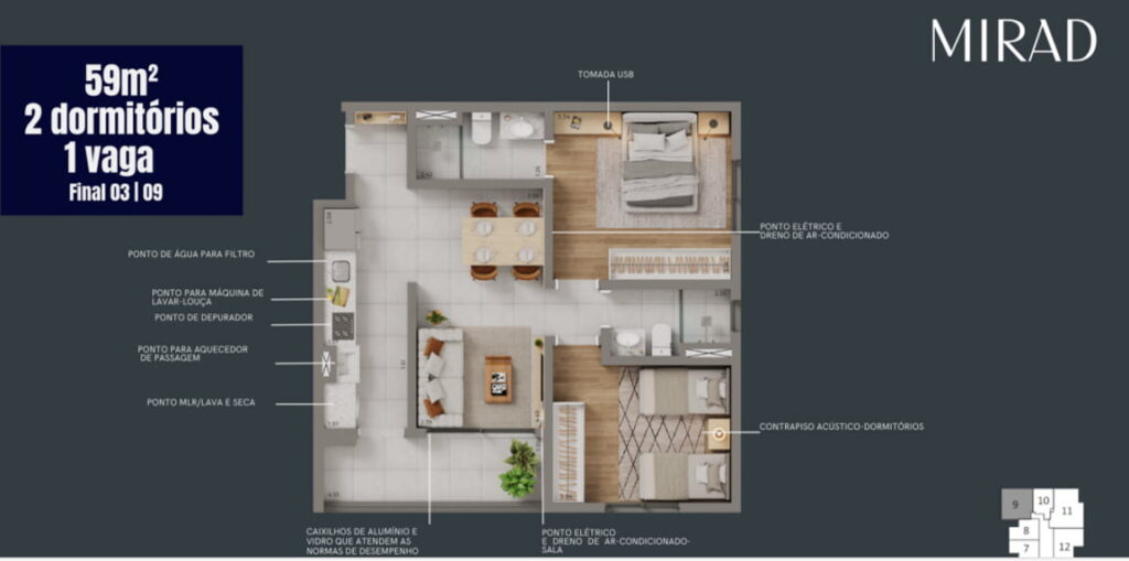 Planta no Mirad de apartamento de dois dormitórios de 59m² com varanda e uma suíte. Excelente planta com ambientes bem definidos e amplos. Oportunidade ímpar no bairro da Saúde