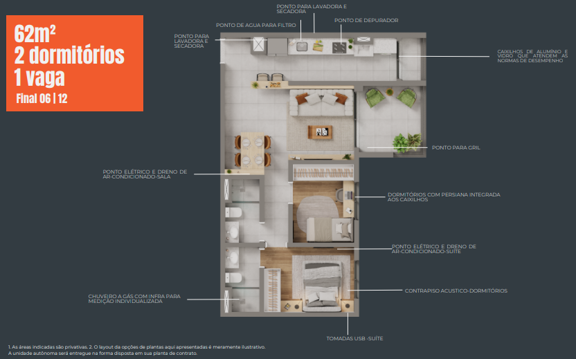 Planta no Mirad de apartamento de dois dormitórios de 62m² com varanda e uma suíte. Excelente planta com ambientes bem definidos e amplos